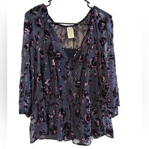 Vintage Navy Purple Velvet Burnout Sheer Boho Peasant Dark Fairy Blouse XL